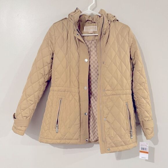 MICHAEL KORS Women Petite Quilted Hooded Anorak Coat Belted Jacket camel… - Picture 3 of 7